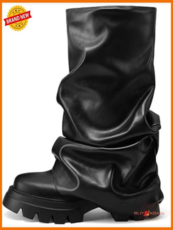 Shoes - Fold Over Slouchy Mid Calf Platform Boots Chunky Heel